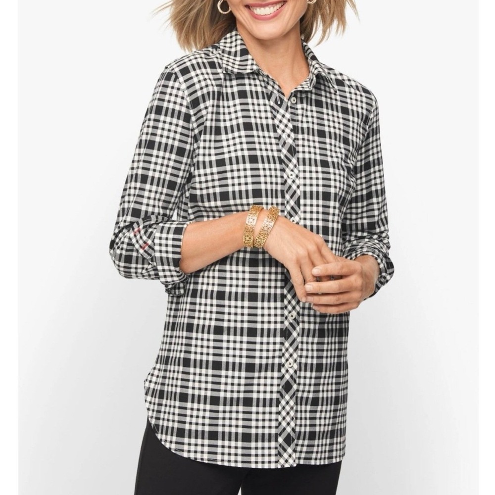 Talbots Button Down Shirt Size Small Black White Plaid Gingham Metallic Preppy